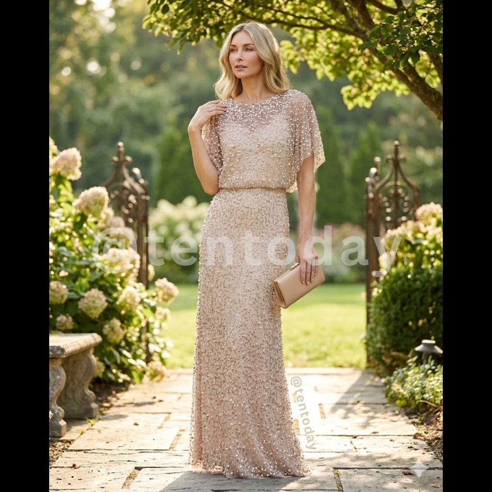 $698 Mac Duggal Size 6‎ Beige Nude Pearl High Neck Beaded Long Maxi Gown Dress